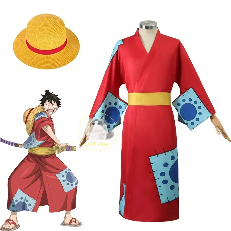 Аниме Луффи Косплей Костюм Wano Country Monkey D. Luffy Кимоно для мужчин Взрослых Красный