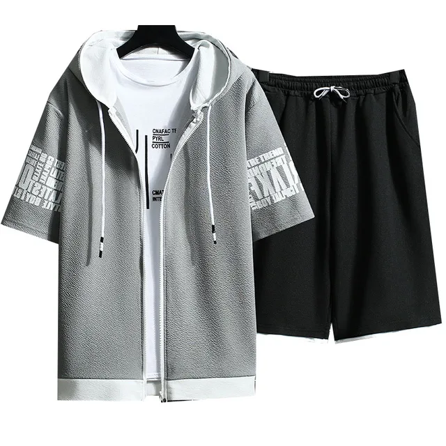 Mens Tracksuit 2 Piece Set Summer Fashion Zipper Hooded Hoodies Tops Shorts Suit Short Sleeve T Shirt Casual Male Sportswear Set 5