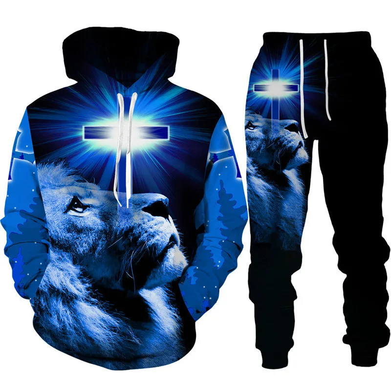 

Conjunto de duas peças bíblia cristã fé jesus deus moletom com capuz/terno legal leão 3d impresso streetwear casal roupas joggin