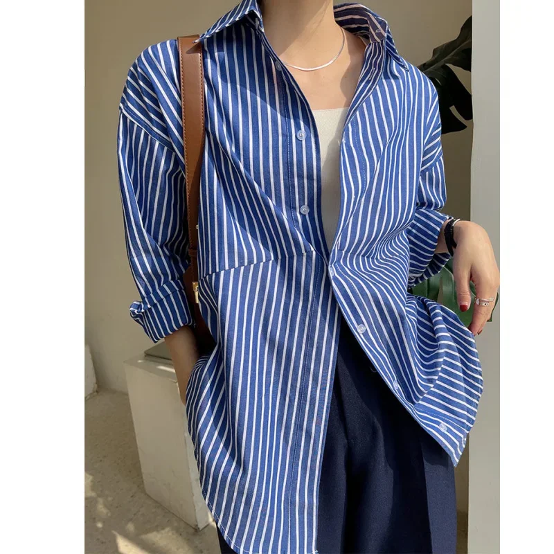 Женские шикарные синие свободные длинные рубашки весенне-осенняя женская