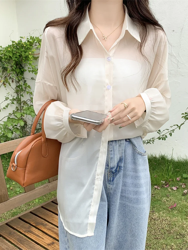 Woherb 2023 Просвечивающая рубашка для женщин блузка с длинным рукавом Женский Летний