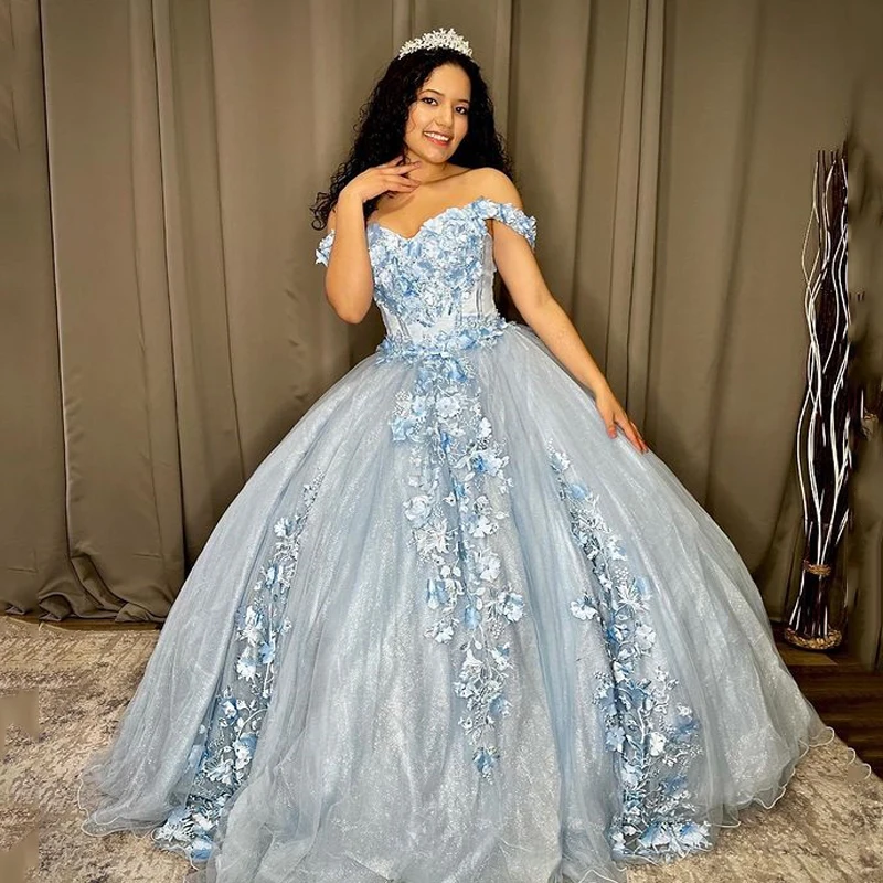 

Baby Blue Princess Quinceanera Dresses for Girls Sweetie 15 Tulle 3D Flower Beading Luxury Quinceane Sweetheart Corset Ball Gown