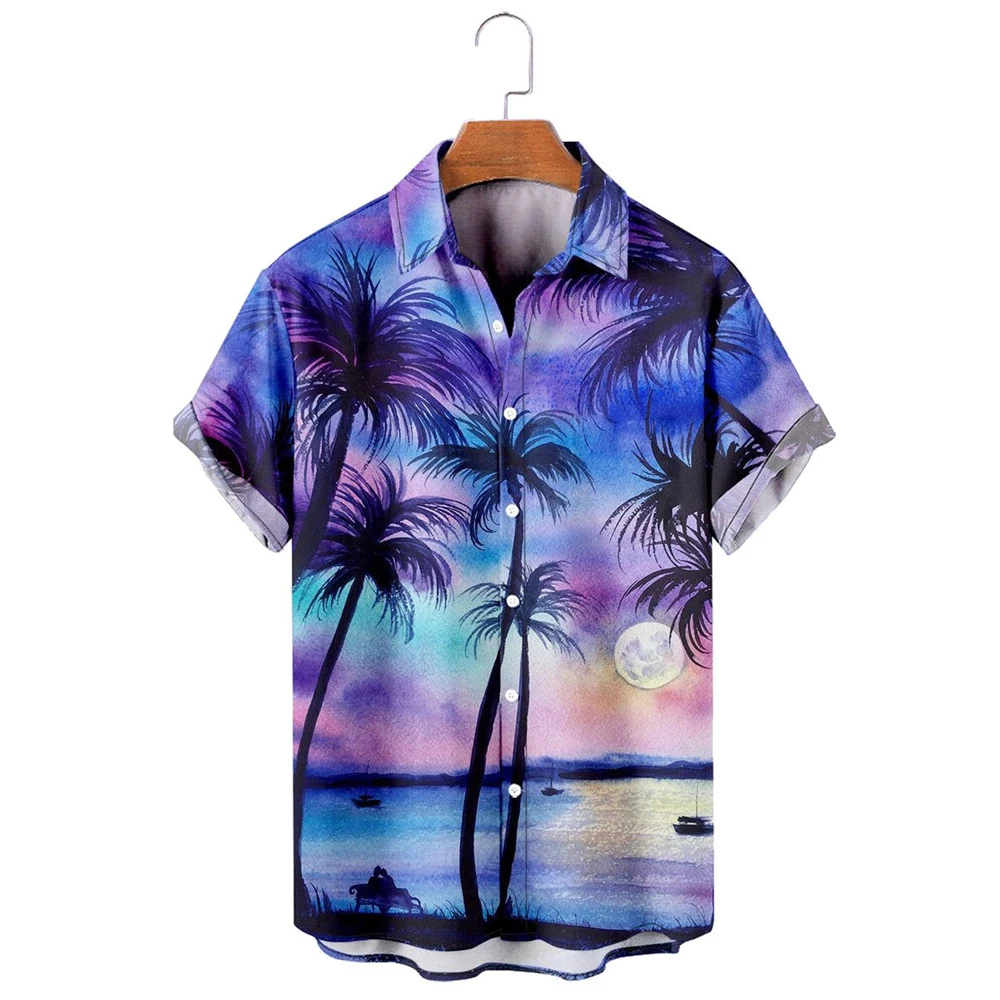 

CLOOCL Fashion Men's Shirts Hawaiian Polynesia Romantic Moon Night Beach Coconut Grove Shirt for Men 3D Graphics Beach Shirt