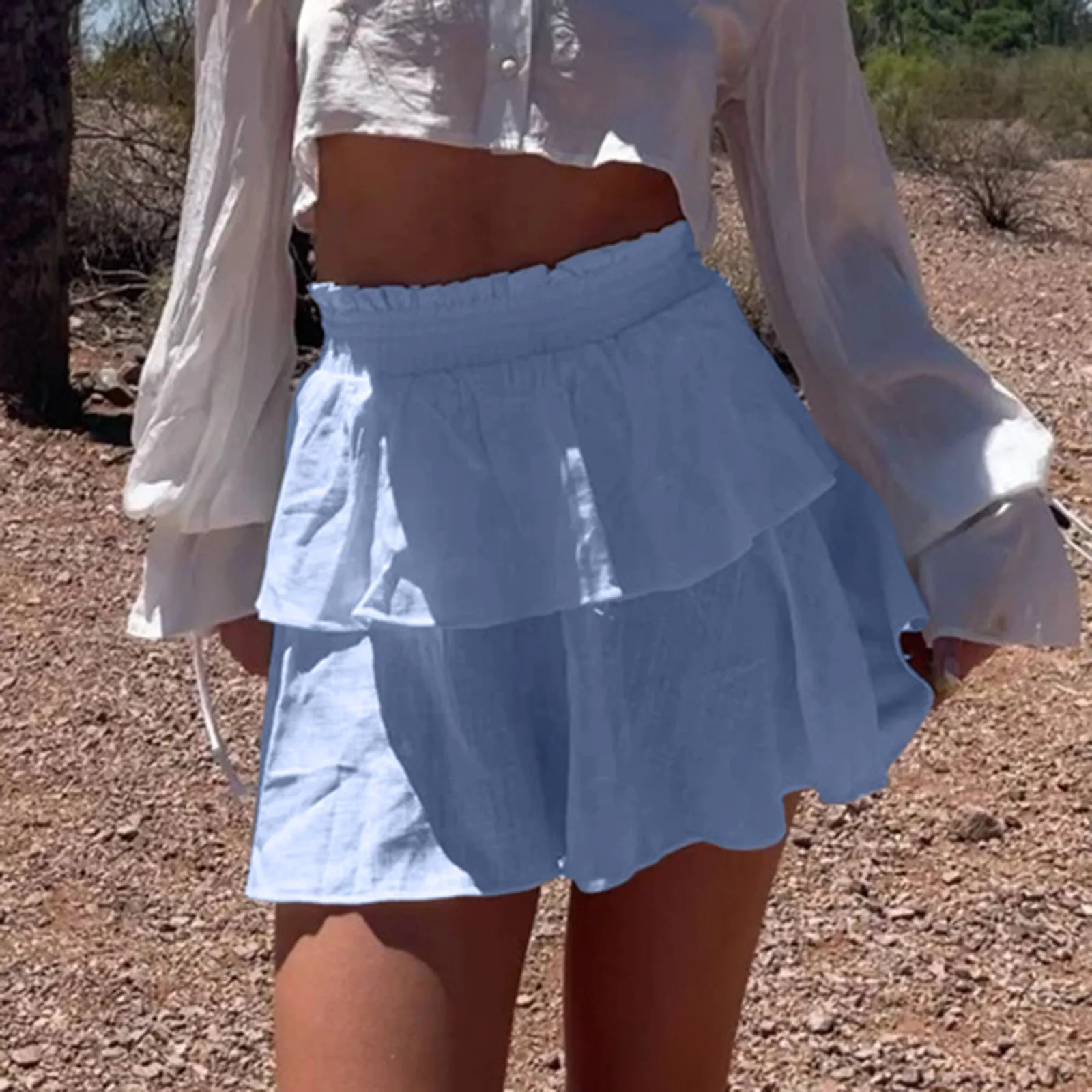 

Women Fashion Double Cake Skirt Solid Color Flounces Skirt Elastic High Waist Mini Skirt Woman Casual All-Match Skirt 2022 New