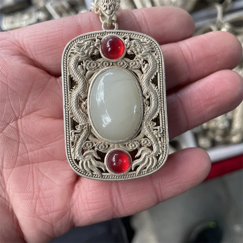 Тибетское серебряное ожерелье с двойным драконом