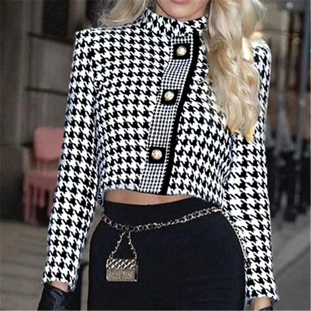 

Женская зимняя куртка, черная куртка с укороченным воротником из твида, новинка сезона осень-весна 2022, женский топ, женская одежда