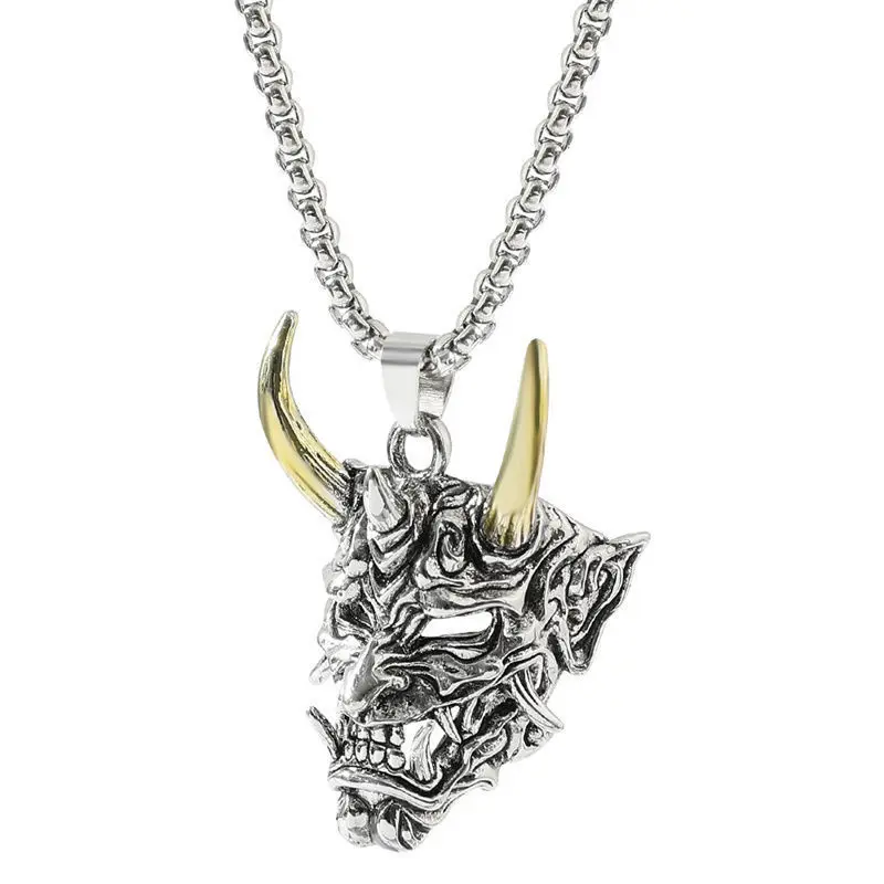 

Dark Vintage Japanese Prajna Mask Necklace Personalized Hip Hop Trendy All-Matching Men's and Women's Sweater Chains Pendant