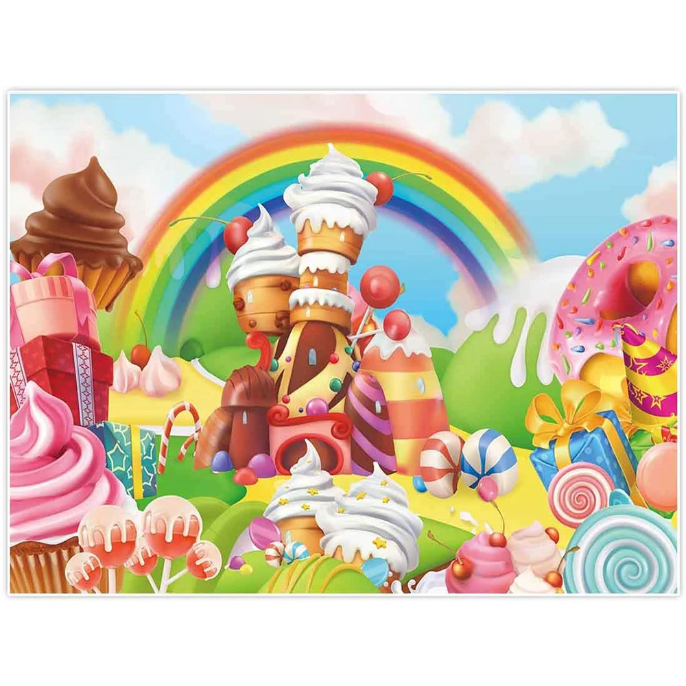 

Lollipop Candyland Backdrop Sweet Cartoon Rainbow Party for Girl 1st First Birthday Decoration Photography Icecream Photo Booth