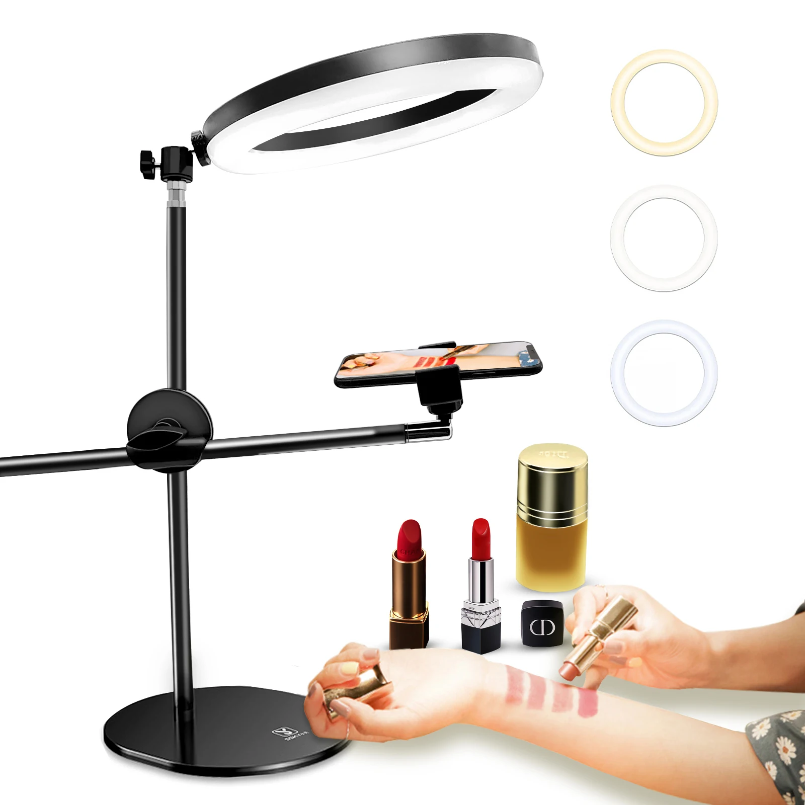 Phone Tripod Stand with 10'' Ring Light Overhead Tabletop Stand with Phone Holder for Live Stream/Makeup/YouTube/TikTok/Nail Art