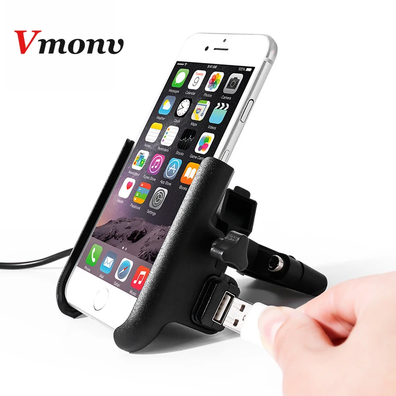 Vmonv Upgrade Universal Metal Chargable Motorcycle Rearview Mirror Cell Phone Holder Stand Support Handle Bike Moto Mount Holder