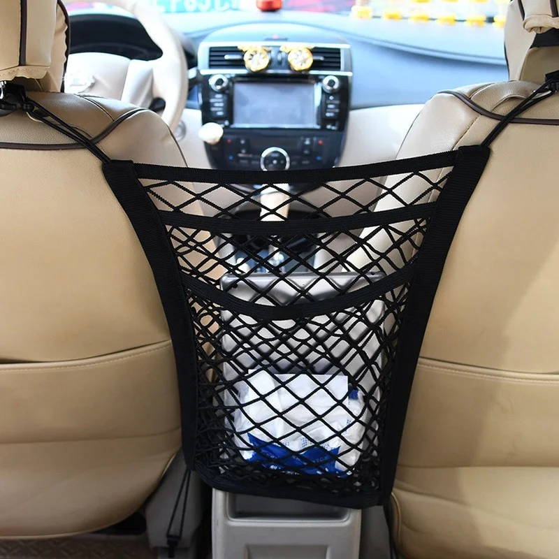 

New Car 3-Layer Storage Net Bag Between Seats Car Rear Seat Divider Pet Barrier Stretchable Elastic Mesh Bag Auto Organizer