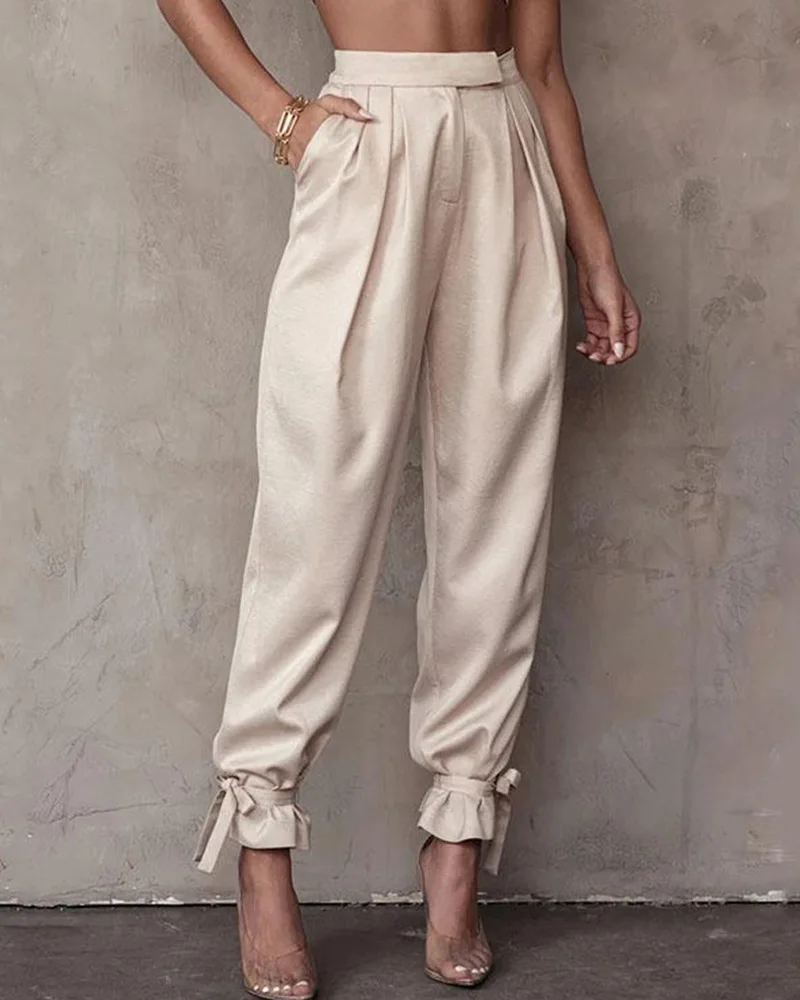 Ruched Pocket Design Cuffed Pants Solid Color Women High Waist Fashion Casual Ankle Length Pants Trousers