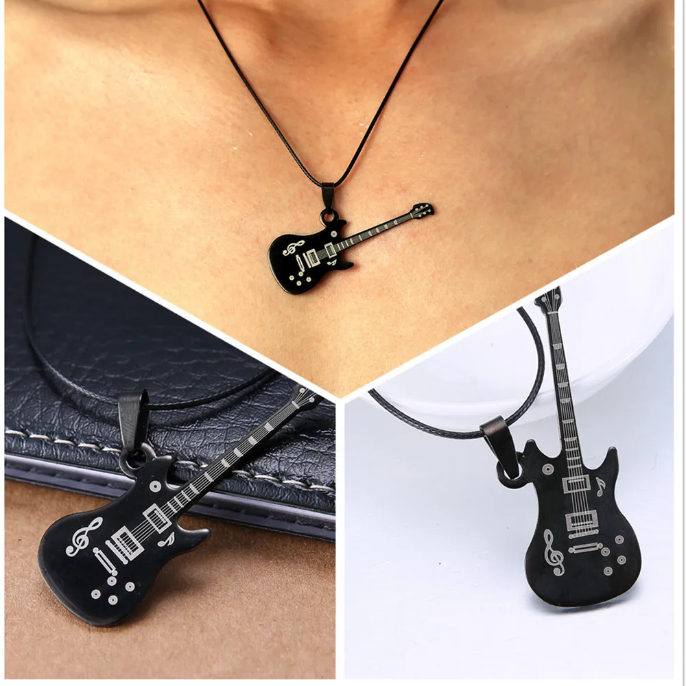 

Fashion Stainless Steel Guitar Necklace For Men Pendants Leather Chain Men Necklaces