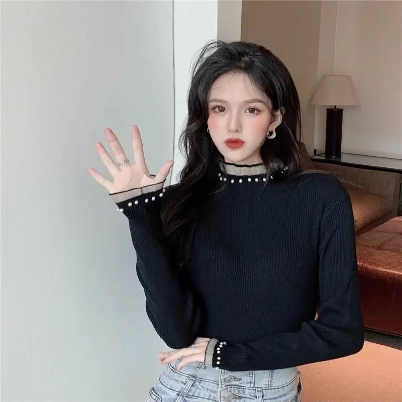 Новый женский свитер с полувысоким воротником и нижним слоем кружевной вязаный