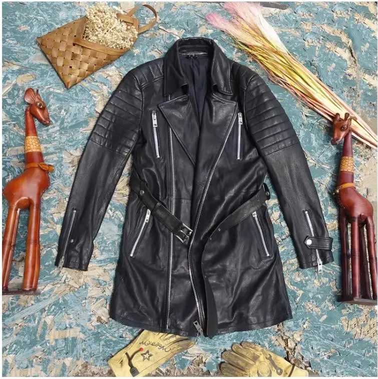 

YR!Free shipping.Summer clearance,Gabardina de cuero.long soft tanned sheepskin jacket .Men genuine leather trench coat.quality