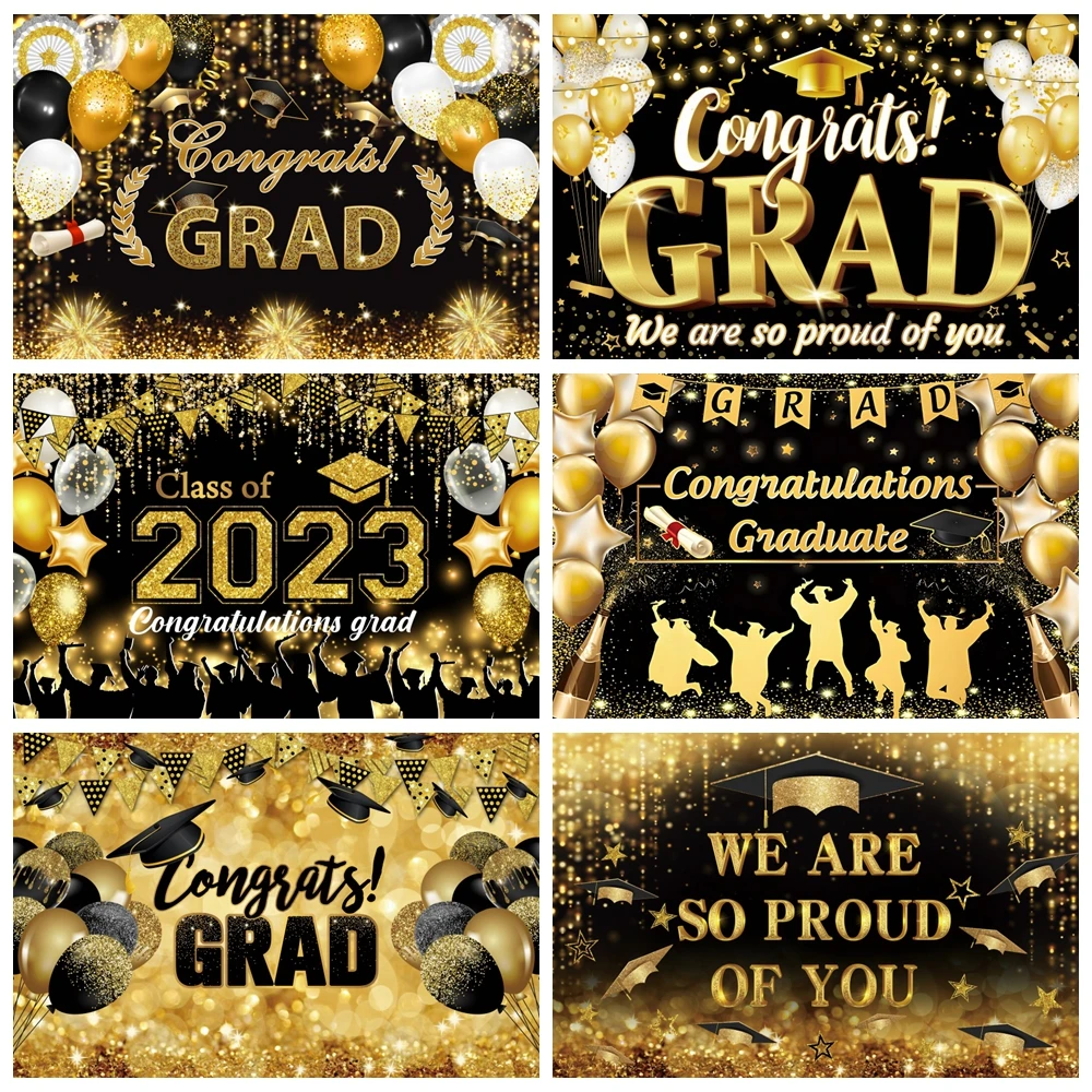 

Graduation Backdrop 2023 Gold Glitter Balloons Bachelor Caps Class of 2023 Graduation Party Photography Background Photo Studio