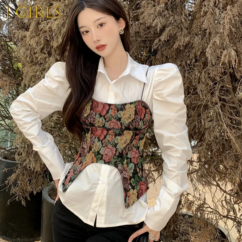 

J GIRLS Two Pieces Women Blouse Tops Set Puff Sleeve Fashion Blusa Shirt + Floral Bandage Slim Waist Sling Vest Korean 2022 New