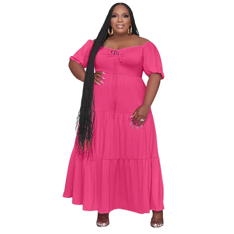 

Plus Size Dresses Summer 2023 New Womens Elegant U Neck Short Sleeve Casual Solid Loose Long Party Dress for Ladies Clothing 5XL