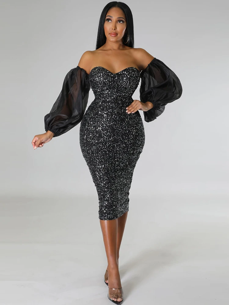 

2023 Sexy Off The Shoulder Backless Split Package Hip Midi Dress Chic Women Strapless Lantern Long Sleeve Bodycon Sequin Dresses