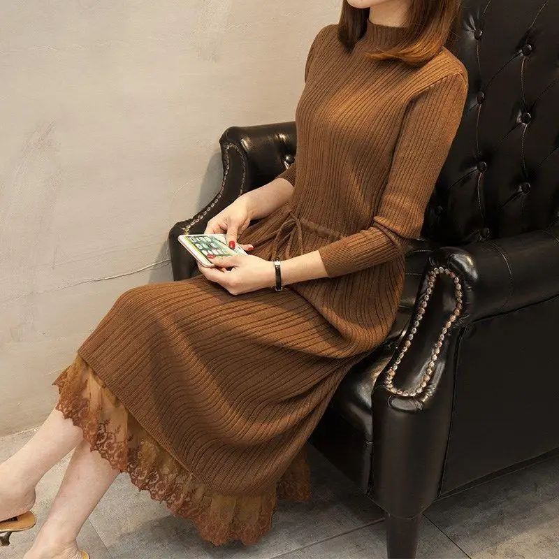

Woman Slim Long Sleeve Party Midi Dress Femlae Knitted Half High Collar Elegant Knitted Sweater Dresses Ladies Vestidos G842