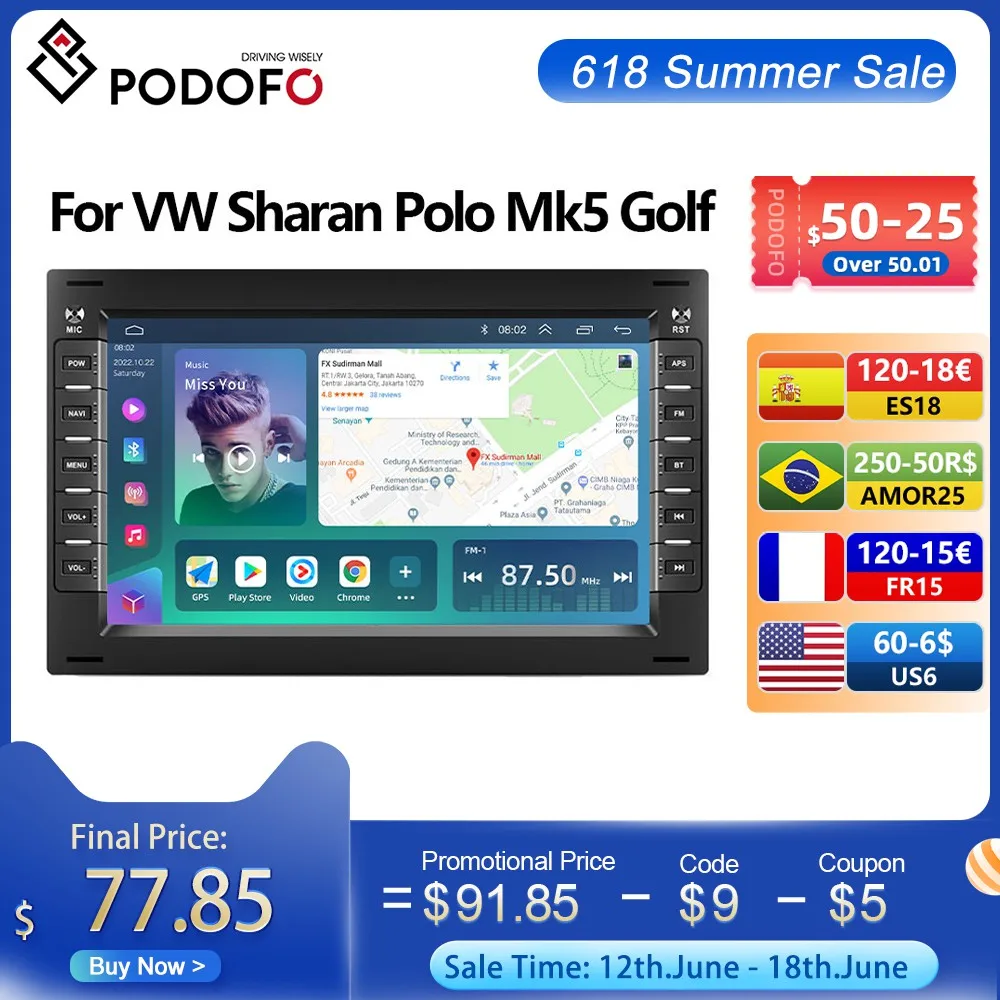 Podofo AI car 8-core 2 din Android Car Radio GPS Video Multimedia Player For VW Sharan Polo Mk5 Golf Passat B6 Bora Jetta Mk4