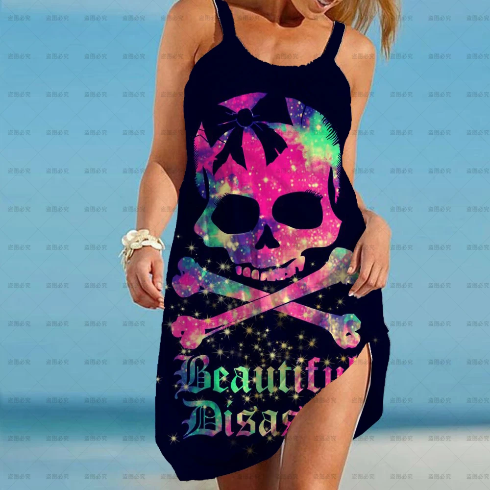 

Skull Flower Print Dress Women Graffiti Vestido Sexy Black Sexy Cosplay Boho Gothic 3d Print Womens beach Clothing Elegant