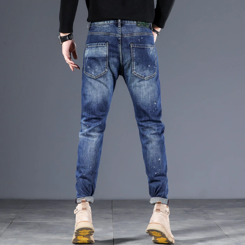 EH·MD® Micro Chapter Embroidered Jeans Men's Four Seasons Color Pants Legs Ink Splashed Cotton Cat Beard Slim Fit Elastic New 22