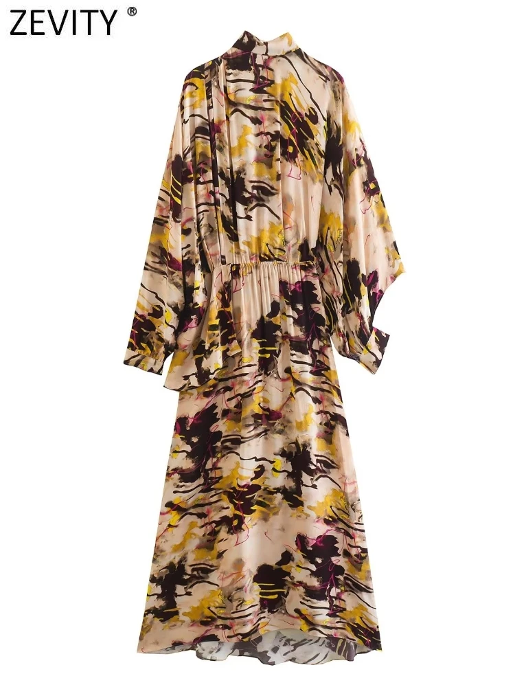

Zevity Women Vintage Stand Collar Back Bow Tied Graffiti Print Casual Long Dress Female Retro Zipper Fly Kimono Vestidos DS2528
