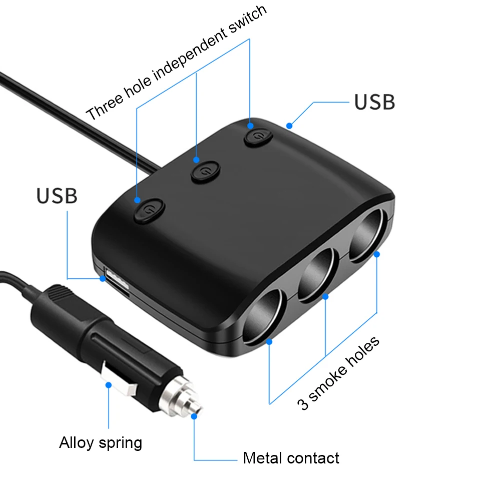 Разветвитель автомобильного гнезда зажигания ZNB03S с тремя выходами и двумя USB-портами, мощностью 120 Вт, 12/24 В, с независимым выключателем.