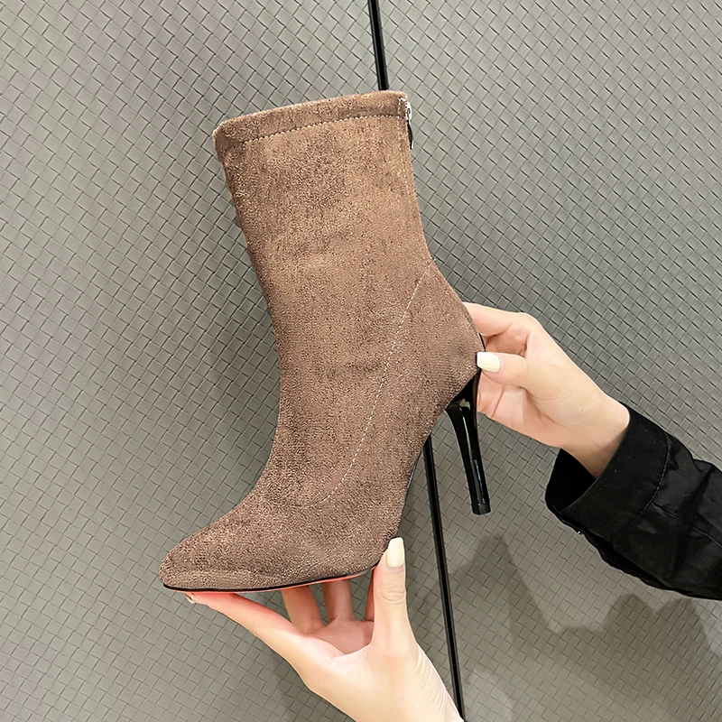 

2023 New Women Socks Shoes Stretch Fabric Women Ankle Boots Pointed Toe Thin High Heels Slip-On Sexy Sock Heeled Chelsea Boots