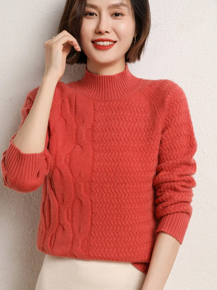 

Aliselect Fashion 100% Merino Wool Women Knitted Sweater Mock Neck Full Sleeve AutumnWinter Clothing Pleated Jumper Knitwear