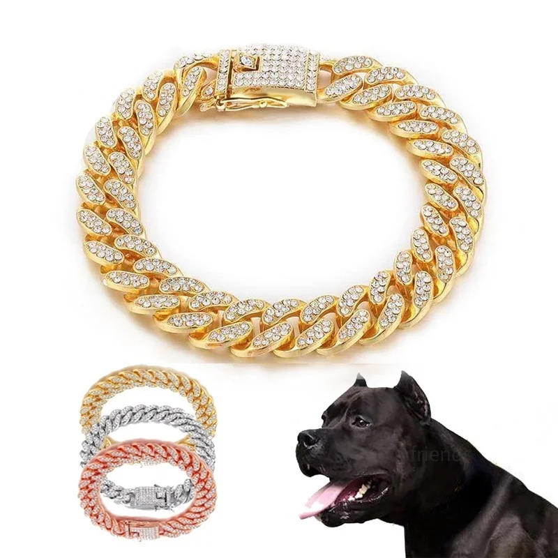 

Dog Collar Chain Harness French Bulldog Metal with Diamond 12.5mm Width Cat Collars for Dogs Accessories Pet Items Dropshipping