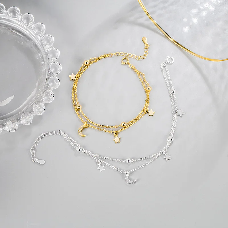 

Thick Silver Plated Double Star Moon Bracelet Luxury Charm Ladies Bracelet Original Fashion Jewelry Accessories Gift Wholesale