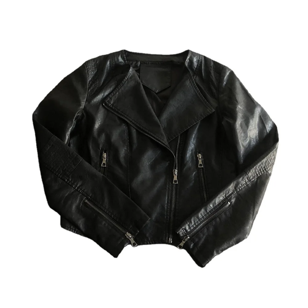 2023 autumn new collarless motorcycle suit short slim small leather simple leisure coat