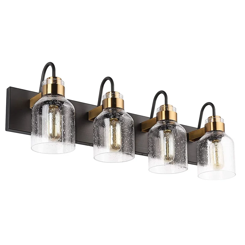 

Прозрачный стеклянный оттенок, Золотой металлический американский стиль, 4 светильника, зеркальный светильник для ванной комнаты