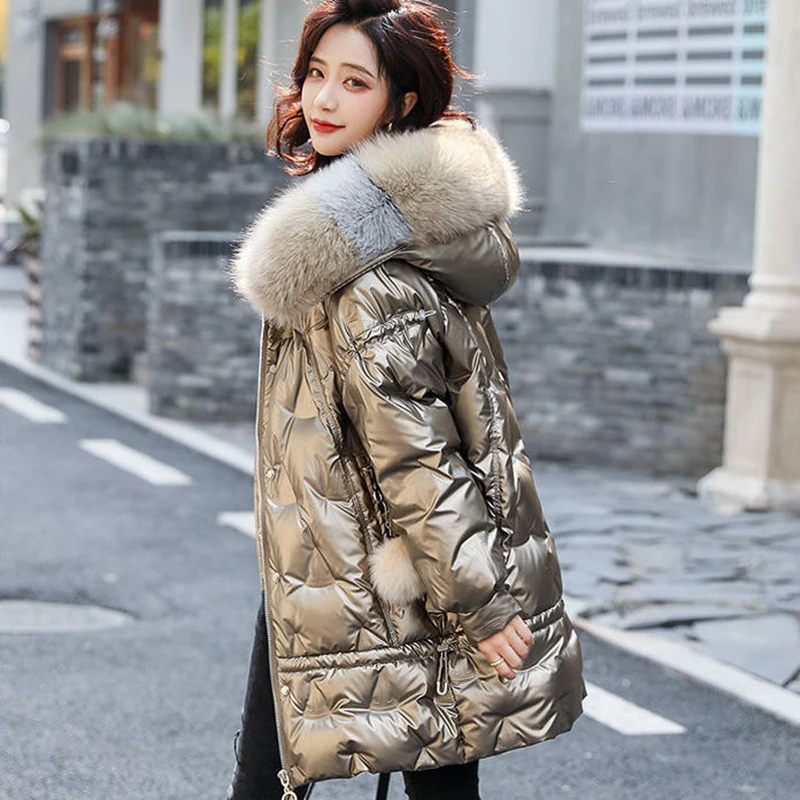 Winter Jacket Women 2022 High Quality Long Down Cotton Coats Korean Thick Warm Parkas New Shiny Gold Padded Female Clothing Tops