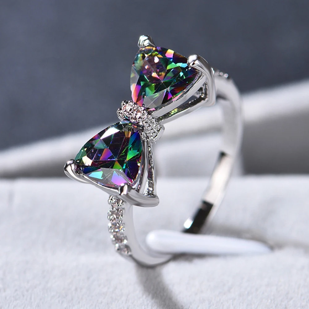 

Personality Multicolor CZ Bow Rings For Women Fancy Bridal Wedding Party Silver Ring Exquisite Gifts Fashion Trendy Jewelry 2022