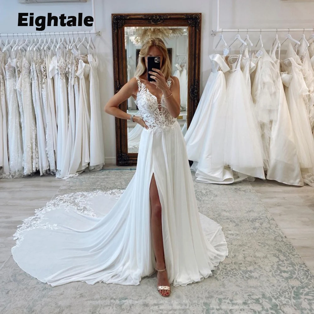 

Eightale Elegant Wedding Dresses Lace V-Neck Court Train White Ivory A-Line Chiffon Side Slit Bridal Gowns 2023 hochzeitskleid