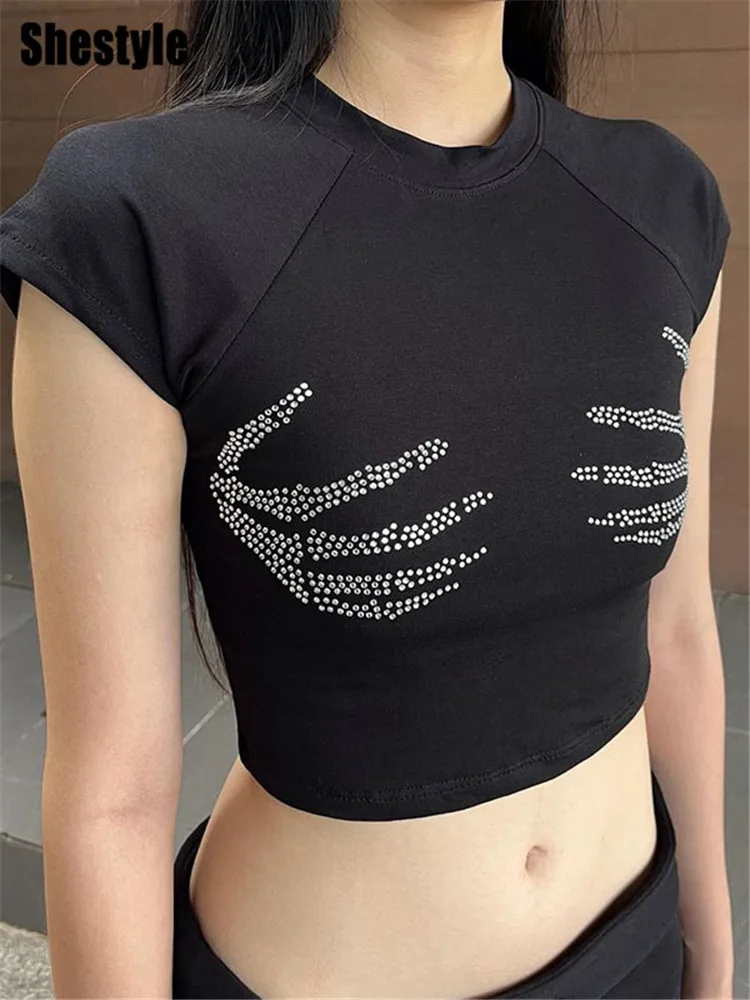 Женский короткий топ с коротким рукавом и круглым вырезом, в готическом стиле