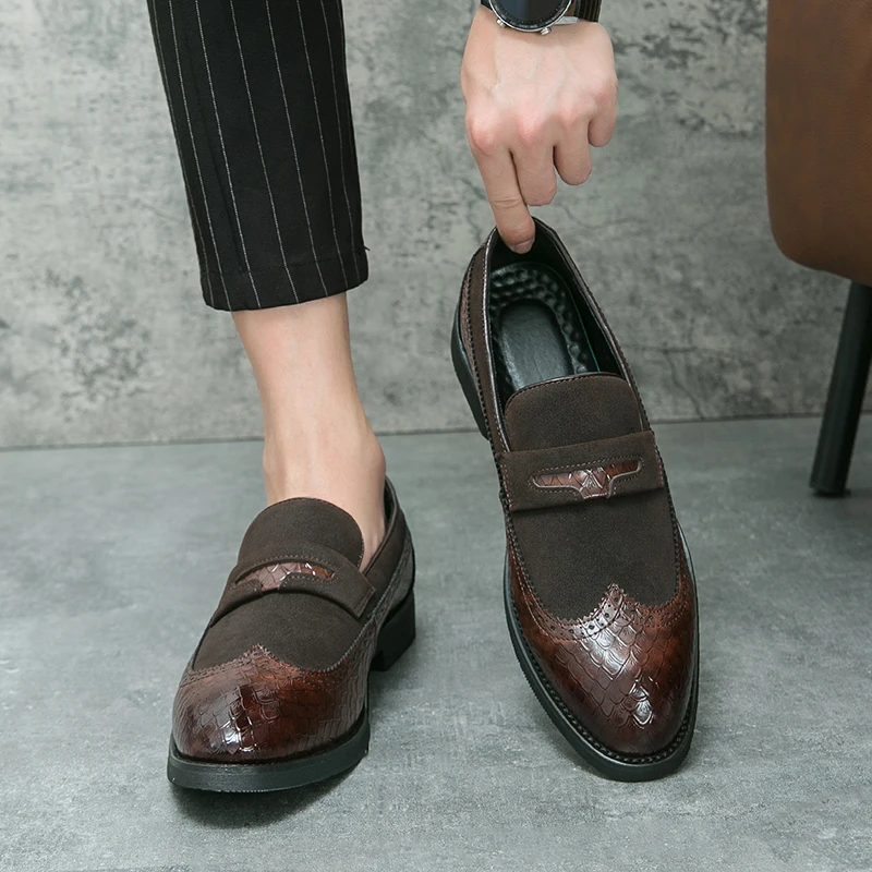 

Мужские кожаные туфли без шнуровки, с круглым носком