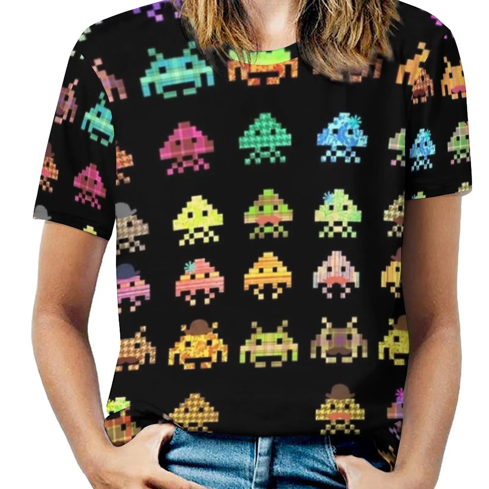 

Fashionable Invaders Woman'S T-Shirt Spring And Summer Printed T Shirts Crew Neck Pullover Top Gaming Video Game Space Aliens