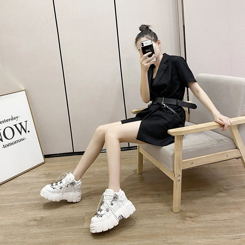 Brand Punk Style Women Shoes Lace-up heel height 6CM Platform Shoes Woman Gothic Ankle Boots Metal Decor Woman Sneakers