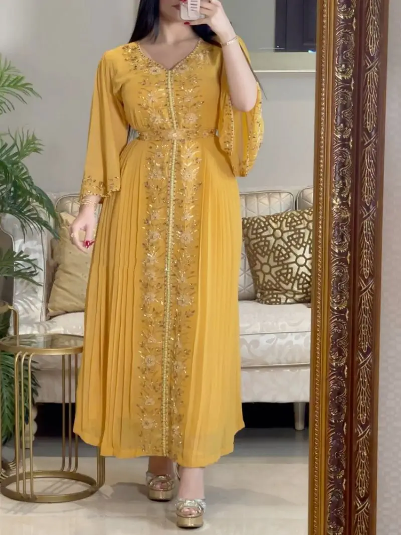 Yellow Kaftan Robe Middle Eastern Embroidery Sewn Diamond Evening Dress