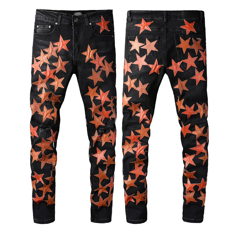 

New Luxury Brand Men Jeans Orange Star Patchwork black Jeans Hole Streetwear Homme Ripped Men Motorcycle Stretch Slim Denim