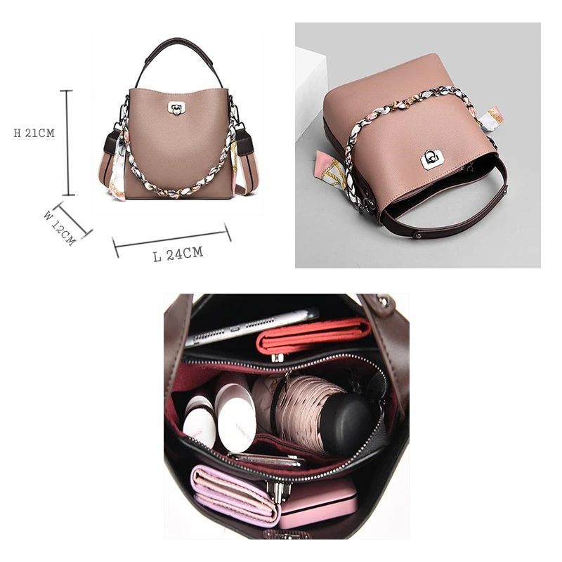2023 Luxury Lady Fashion Versatile Metal Chain Handbag PU Leather Female Bucket Bags Women Shoulder Bag Messenger Bag