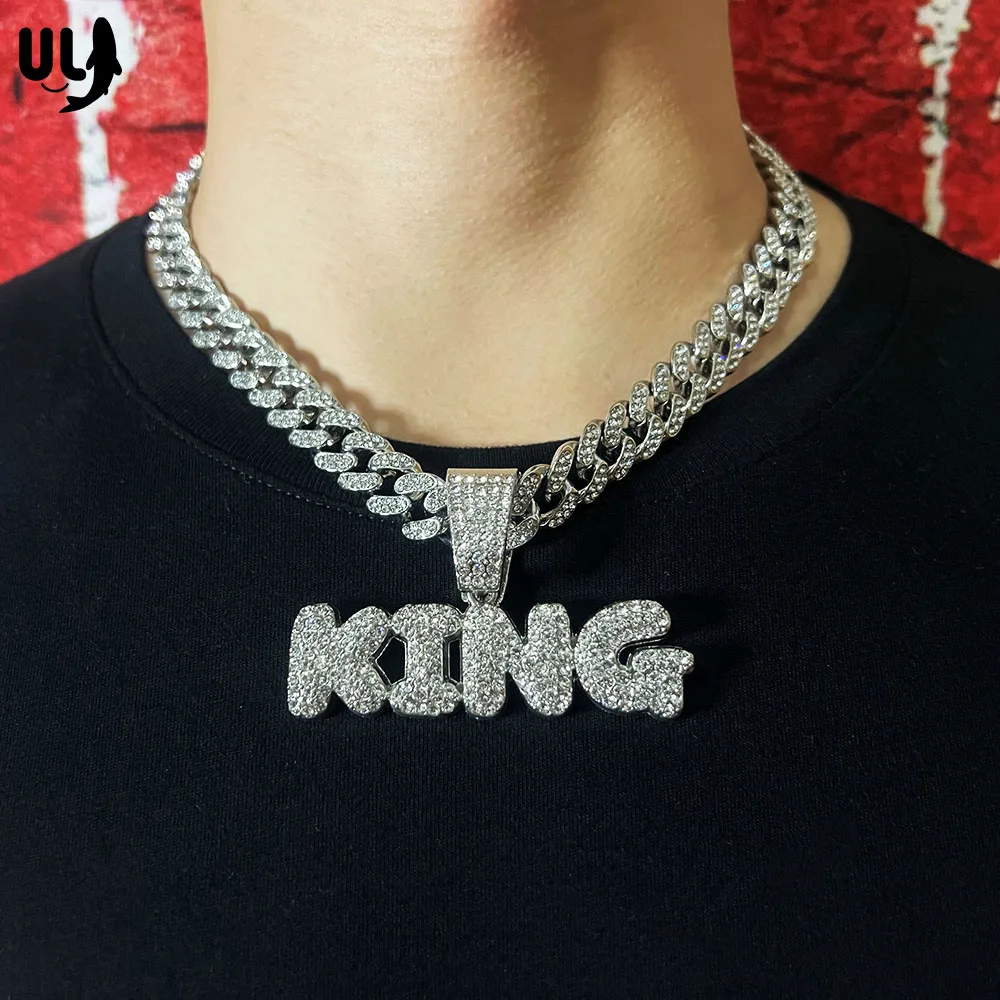 

ULJ Hip Hop King Pendant Necklace with Miami Cuban Chain Iced Out Bling Necklaces Male Man Hoodie Sweater Jewelry