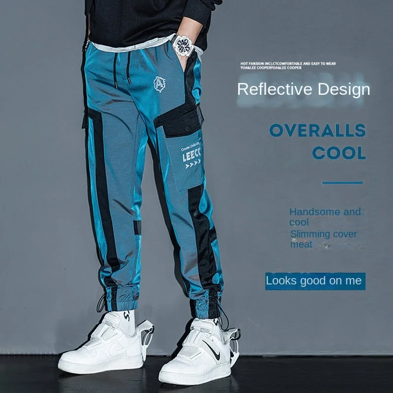 

Hip Hop Streetwear Joggers Pants Men Student Casual Cargo Pant Trousers High Street Elastic Waist Loose Laser Harem Pant Boys