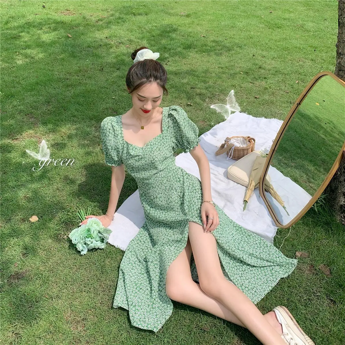 

French Retro Square-neck Floral Dress Women's Summer Korean Version of The Temperament Was Thin Split Puff Sleeve Shirt Skirt