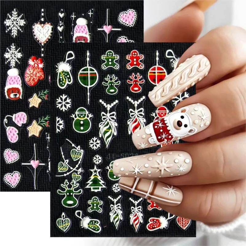 

5D Xmas Embossed Nail Stickers White Snowflakes/Snowman/Bear Sliders Decals For Nail 7.8*6cm Christmas Style Nail Art Decoration