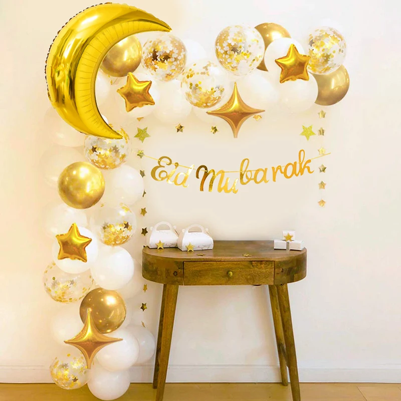 

Eid Mubarak Gold Color Flag Garland Banner Party Supplies Holiday Decorations Banner Star Moon Heart Foil Balloon Party